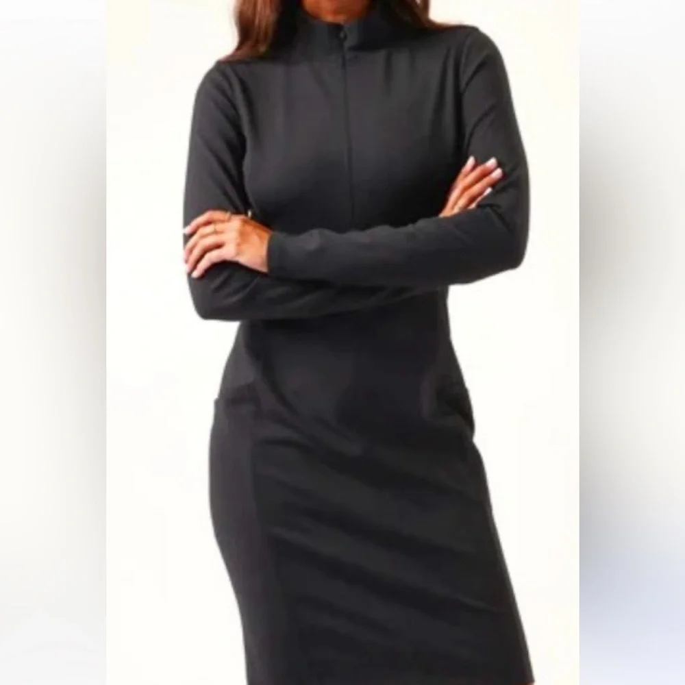 Athleta Delancey Black Half Zip Long Sleeve Mock Neck Dress with Pockets-SP - Picture 3 of 14